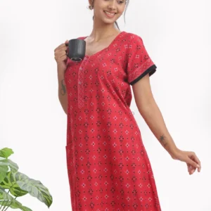 Crimson Charm Cotton Nighty | Bright Style, All-Night Comfort